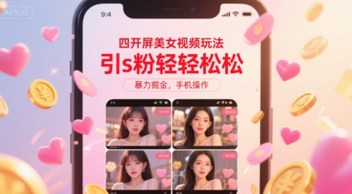 四开屏美女视频玩法，引s粉轻轻松松，暴力掘金，手机操作【揭秘】-离锋创库
