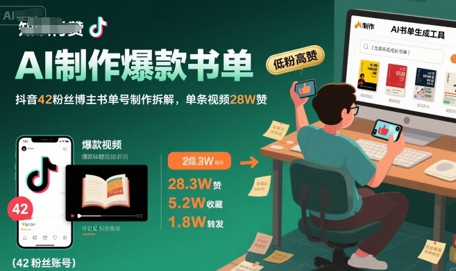 AI制作爆款书单，抖音42粉丝博主书单号制作拆解，单条视频28W赞-离锋创库