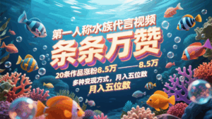 第一人称水族代言视频，条条万赞，20条作品涨粉8.5万，多种变现方式月，入五位数-离锋创库