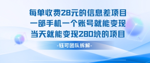 每单收费28米的项目单日能变现280左右 一部手机一个账号就能变现-离锋创库