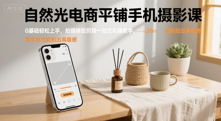 自然光电商平铺手机摄影课，0基础轻松上手，拍摄修图剪辑一站式实操教学，用手机也能拍出高级感-离锋创库
