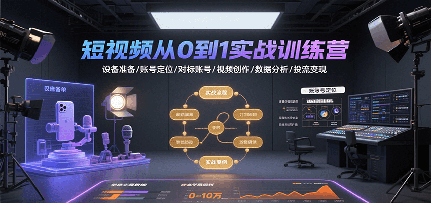 短视频从0到1实战训练营:设备准备/账号定位/对标账号/视频创作/数据分析/投流变现-离锋创库