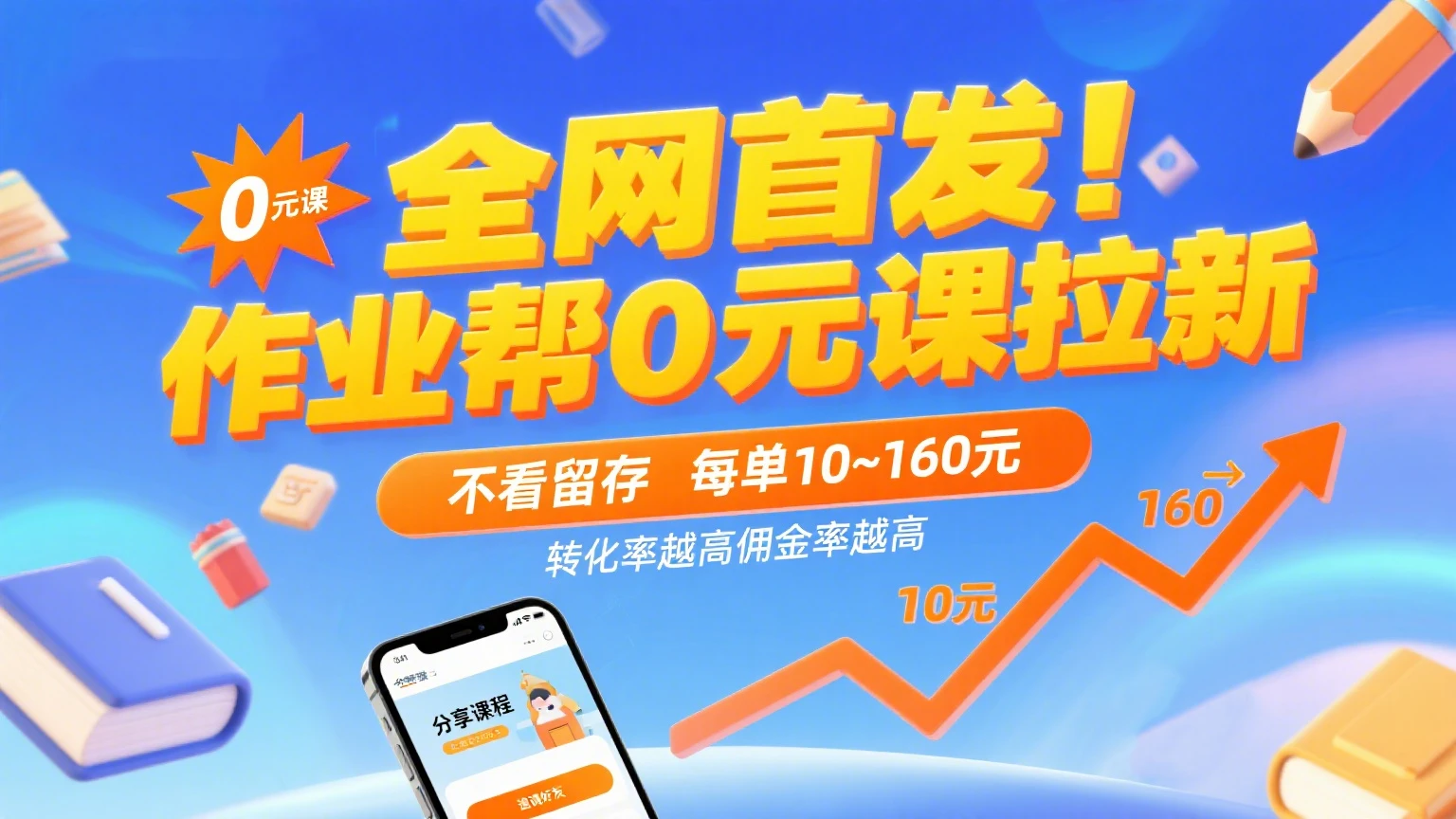全网首发！作业帮0元课拉新，不看留存，每单10~160元，转化率越高佣金率越高。-离锋创库