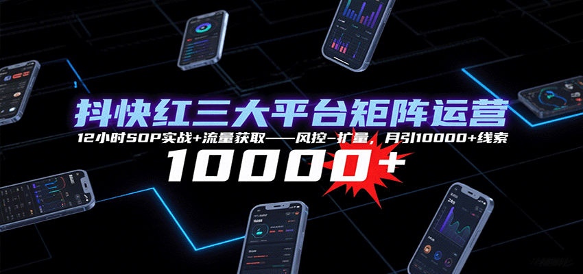 抖快红三大平台矩阵运营,12小时SOP实战+流量获取-风控-扩量,月引10000+线索-离锋创库