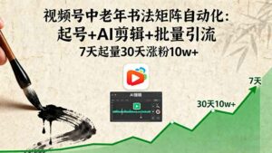 视频号中老年书法矩阵自动化:起号+AI剪辑+批量引流 7天起量30天涨粉10w+-离锋创库