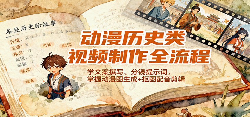 动漫历史类视频制作全流程，学文案撰写、分镜提示词，掌握动漫图生成+抠图配音剪辑-离锋创库