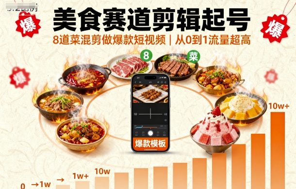 美食赛道剪辑起号，8道菜混剪做爆款短视频，从0到1，流量超高-离锋创库