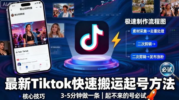 最新Tiktok快速搬运快速起号方法，3-5分钟做一条，起不来的号可以试试-离锋创库