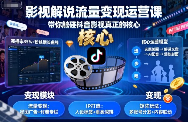 影视解说流量变现运营课，带你触碰抖音影视真正的核心-离锋创库