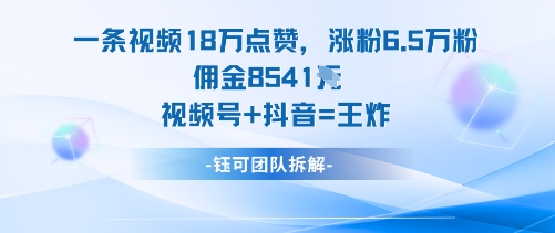 一条视频18W点赞，涨粉6.5W粉佣金8541米，视频号+抖音=王炸-离锋创库