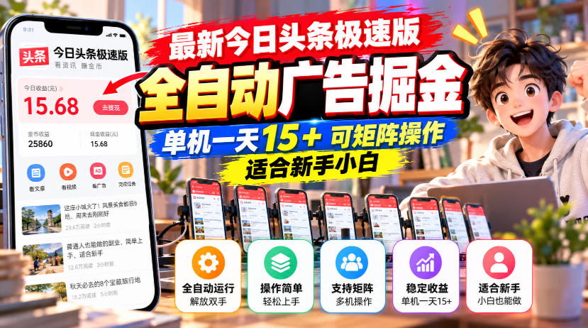 最新今日头条极速版全自动广告掘金，单机一天15+可矩阵操作适合新手小白-离锋创库