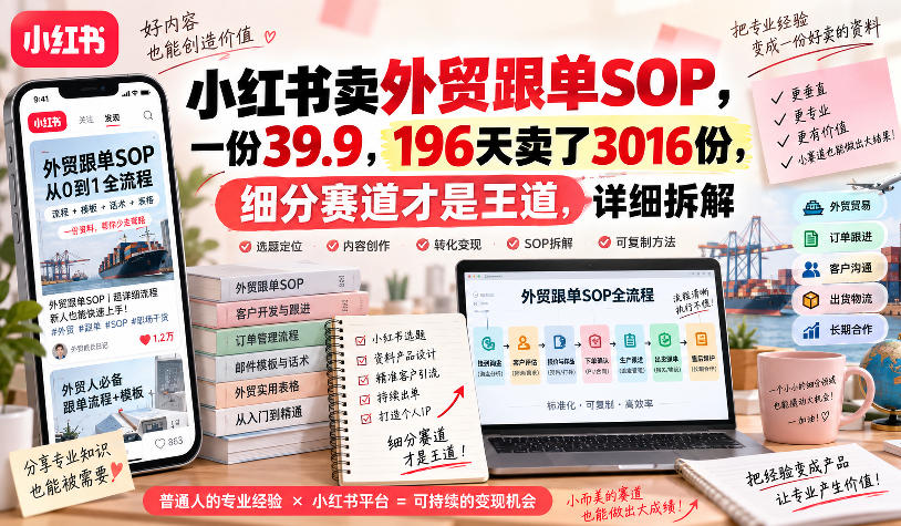 小红书卖外贸跟单sop，一份39.9，196天卖了3016份，细分赛道才是王道，详细拆解-离锋创库