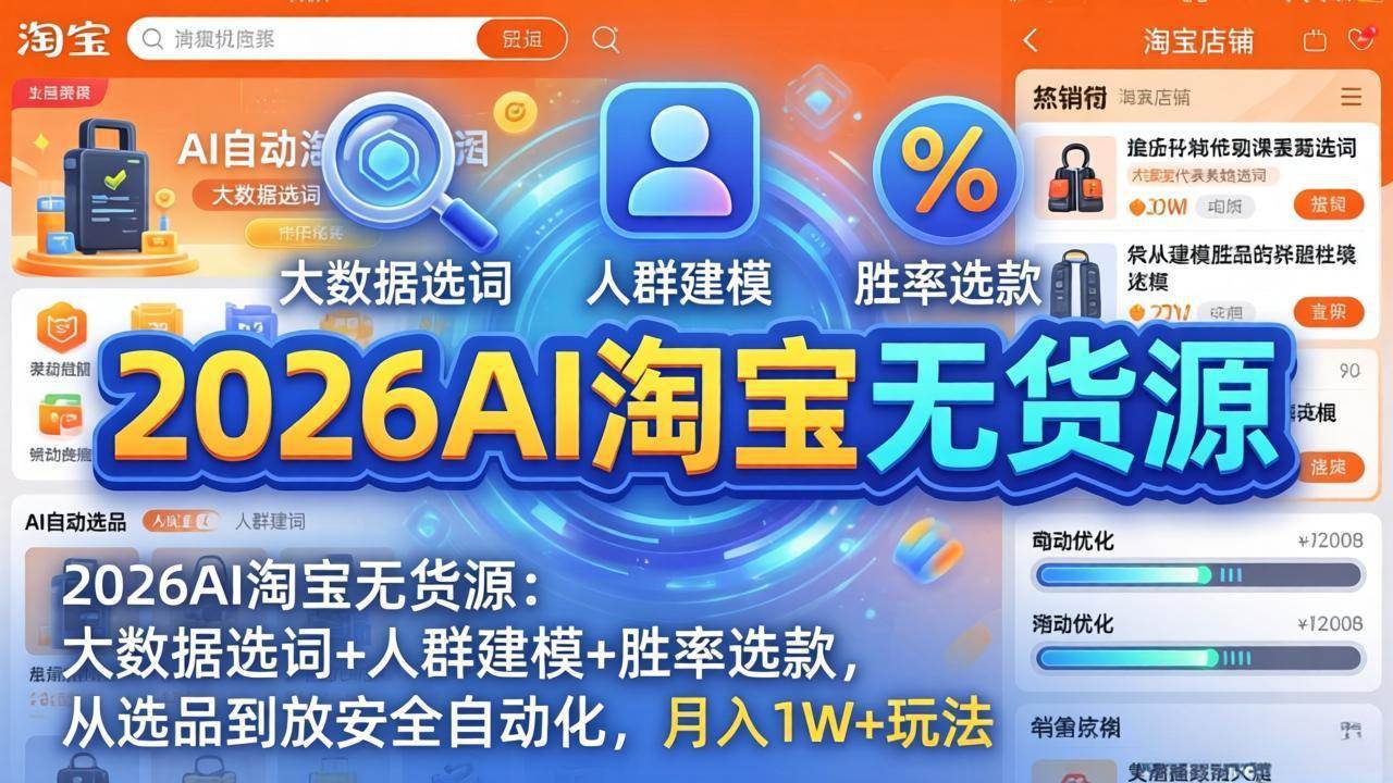 （17812期）2026AI淘宝无货源：大数据选词+人群建模+胜率选款，从选品到放大全自动化，月入1W+玩法-离锋创库