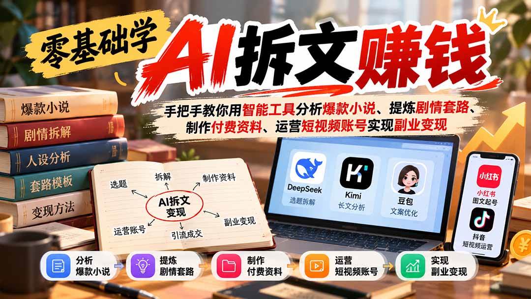(21030期)零基础学AI拆文赚钱:手把手教你用智能工具分析爆款小说、提炼剧情套路、制作付费资料、运营短视频账号实现副业变现 (21030期)零基础学AI拆文赚钱:手把手教你用智能工具分析爆款小说、提炼剧情套路、制作付费资料、运营短视频账号实现副业变现