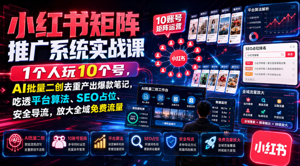 小红书矩阵推广系统实战课｜1个人玩10个号，AI批量二创去重产出爆款笔记，吃透平台算法、SEO占位、安全导流，放大全域免费流量-离锋创库