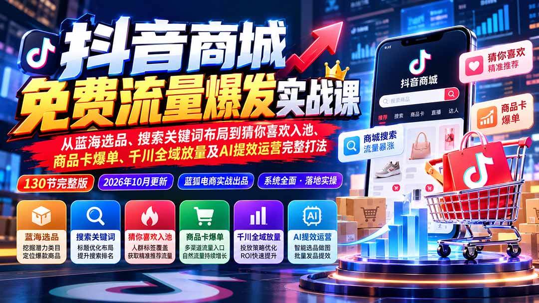 （20959期）抖音商城免费流量爆发实战：从蓝海选品、搜索关键词布局到猜你喜欢入池、商品卡爆单、千川全域放量及AI提效完整打法-离锋创库
