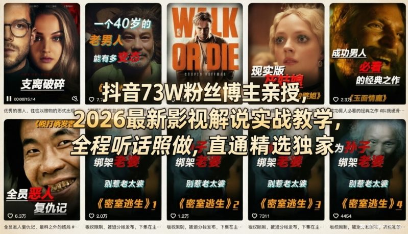 【精】抖音73W粉丝博主亲授，2026最新影视解说实战教学，全程听话照做，直通精选独家-离锋创库