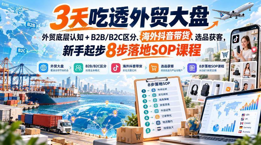 3天吃透外贸大盘,外贸底层认知+B2B/B2C区分、海外抖音带货、选品获客,新手起步8步落地SOP课程-离锋创库