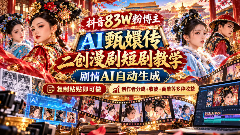抖音83W粉博主AI甄嬛传二创漫剧短剧教学｜剧情AI自动生成，复制粘贴即可做，各大平台创作者分成+收徒等多种收益-离锋创库