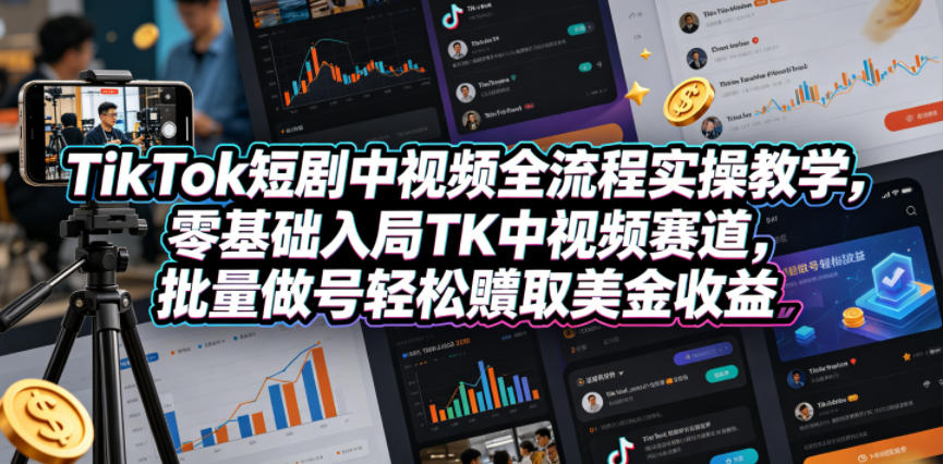 TikTok短剧中视频全流程实操教学，零基础入局TK中视频赛道，批量做号轻松賺取美金收益-离锋创库