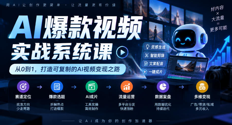AI爆款视频实战系统课｜赛道定位、爆款选题、AI成片、流量运营、数据复盘、多维变现全链路教学-离锋创库