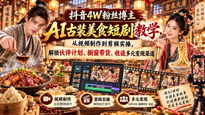 抖音4W粉丝博主AI古装美食短剧教学，从视频制作到剪辑实操，解锁伙伴计划、橱窗带货、收徒多元变现渠道-离锋创库