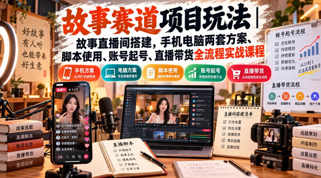 故事赛道项目玩法|故事直播间搭建,手机电脑两套方案、脚本使用、账号起号、直播带货全流程实战课程-离锋创库