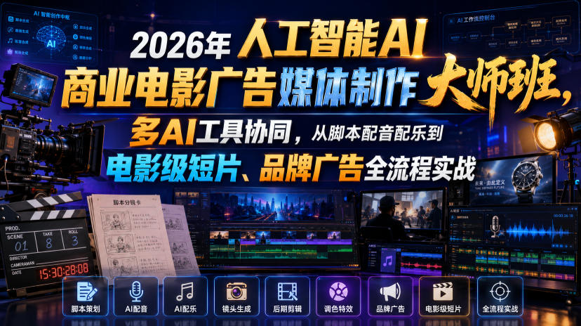 2026年人工智能AI商业电影广告媒体制作大师班，多AI工具协同，从脚本配音配乐到电影级短片、品牌广告全流程实战（中英字幕）-离锋创库