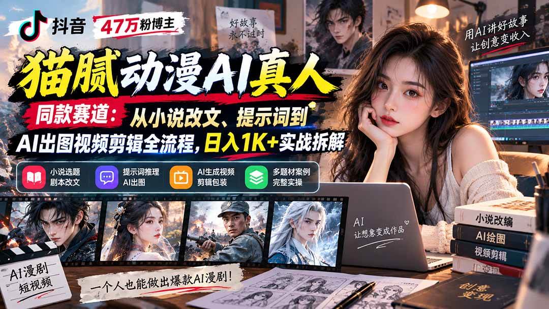 （20524期）抖音47万粉博主猫腻动漫AI真人同款赛道：从小说改文、提示词到AI出图视频剪辑全流程，日入1K+实战拆解-离锋创库