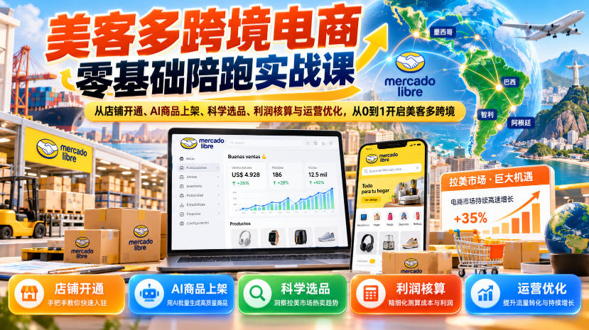 美客多跨境电商零基础陪跑实战课:从店铺开通、AI商品上架、科学选品、利润核算与运营优化,从0到1开启美客多跨境-离锋创库