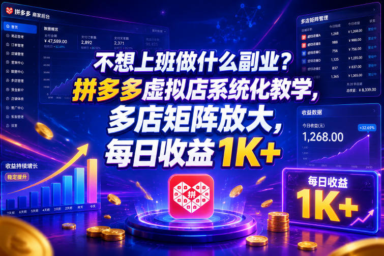 不想上班做什么副业？拼多多虚拟店系统化教学，多店矩阵放大，每日收益1K+【揭秘】-离锋创库