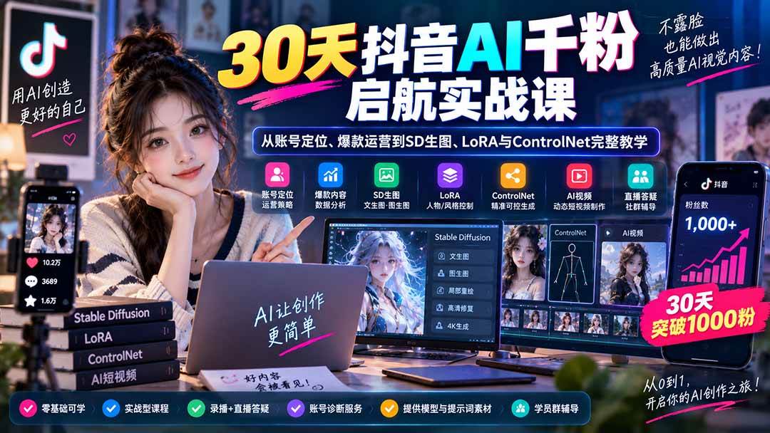 （20291期）30天抖音AI千粉启航实战课：从账号定位、爆款运营到SD生图、LoRA与ControlNet完整教学-离锋创库