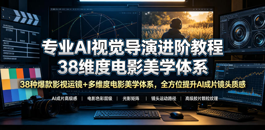 专业AI视觉导演进阶教程，38种爆款影视运镜+多维度电影美学体系，全方位提升AI成片高级感与镜头质感-离锋创库