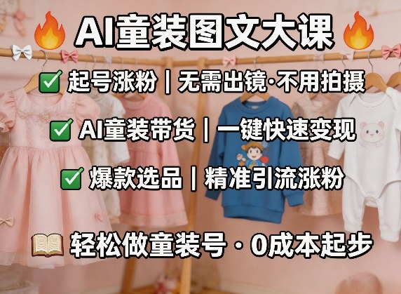 AI童装图文剪辑，某社群童装图文大课，起号涨粉、AI童装带货、爆款选品，无需出镜和拍摄-离锋创库