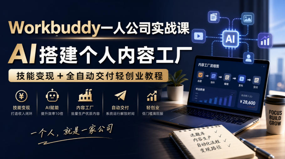 Workbuddy一人公司实战课，AI搭建个人内容工厂，技能变现+全自动交付轻创业教程-离锋创库
