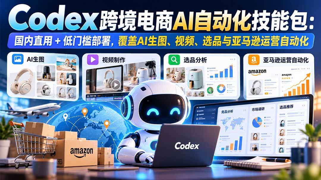 (20752期)【无水印】Codex跨境电商AI自动化技能包:国内直用+低门槛部署,覆盖AI生图、视频、选品与亚马逊运营自动化 (20752期)【无水印】Codex跨境电商AI自动化技能包:国内直用+低门槛部署,覆盖AI生图、视频、选品与亚马逊运营自动化