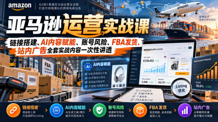 亚马逊运营实战课，链接搭建、AI内容赋能、账号风险、FBA发货、站内广告全套实战内容一次性讲透-离锋创库