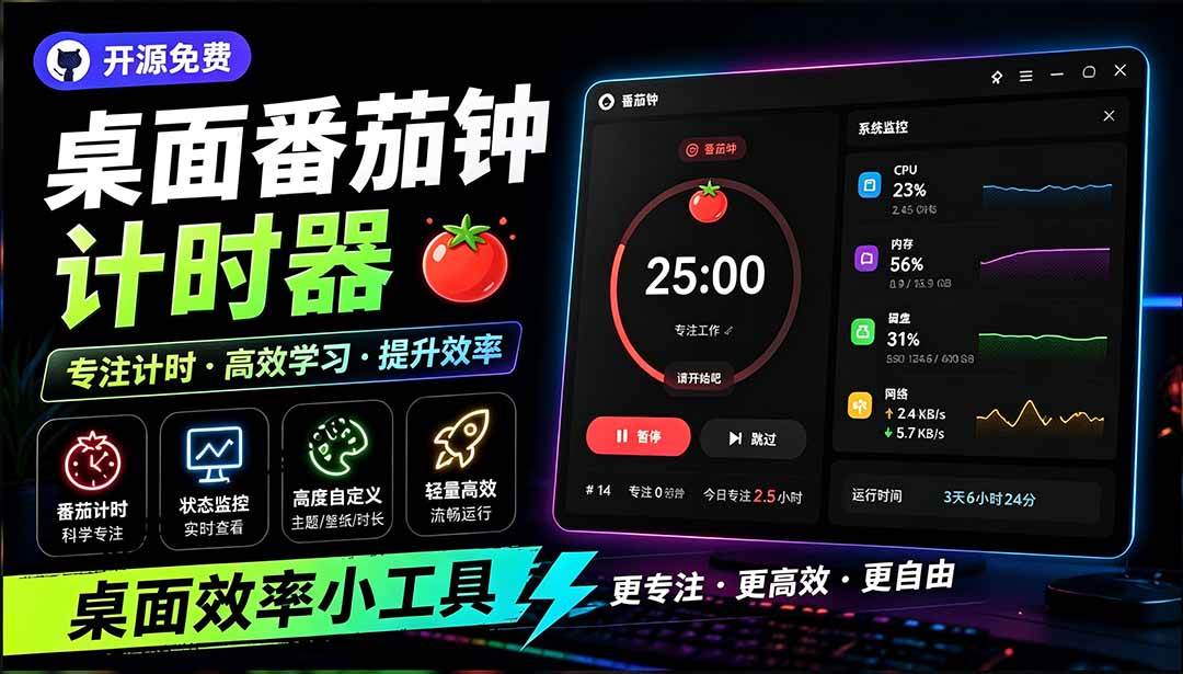 （19564期）仅1.16MB，开源极简的桌面时钟、番茄钟计时器，还支持系统监控显示，桌面效率小工具 Catime-离锋创库