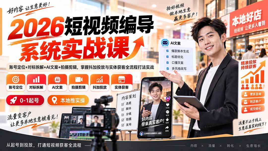 （20305期）2026短视频编导系统实战课：账号定位+对标拆解+AI文案+拍摄剪辑，掌握抖加投放与实体获客全流程打法实战-离锋创库