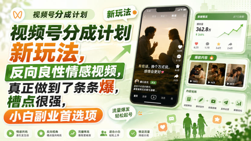 视频号分成计划新玩法,反向良性情感视频,真正做到了条条爆,槽点很强,小白副业首选项-离锋创库