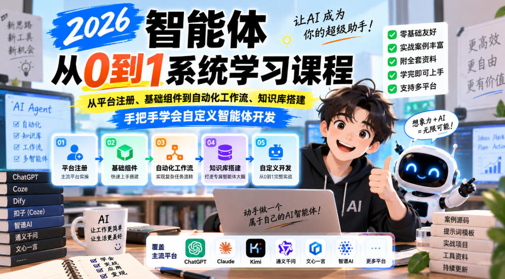2026智能体从0到1系统学习课程，从平台注册、基础组件到自动化工作流、知识库搭建，手把手学会自定义智能体开发-离锋创库