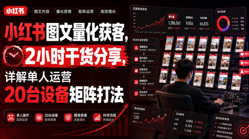 小红书图文量化获客，2小时干货分享，详解单人运营20台设备矩阵打法-离锋创库