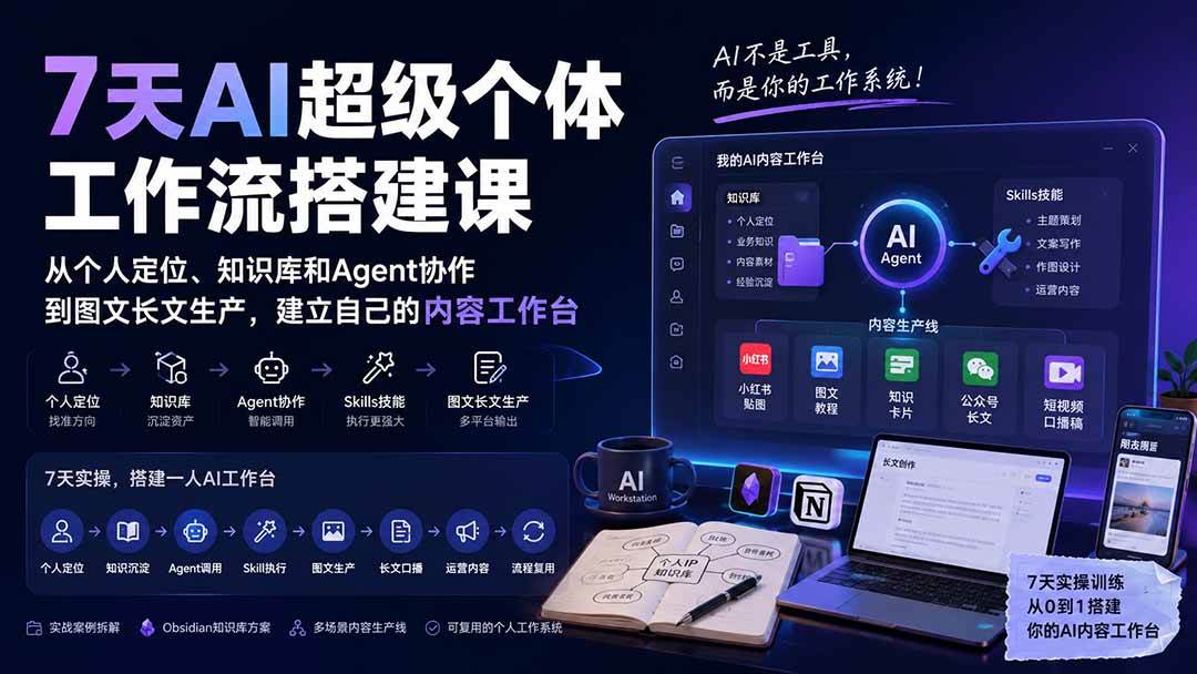 (20190期)7天AI超级个体工作流搭建课:从个人定位、知识库和Agent协作到图文长文生产,建立自己的内容工作台-离锋创库