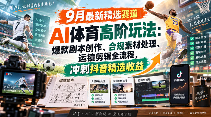 某大佬的9月最新精选赛道之AI体育顶级玩法，爆款剧本创作、版权规避、运镜剪辑全流程，稳拿抖音精选收益-离锋创库