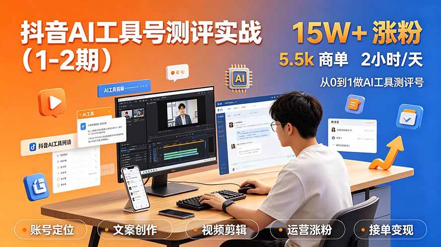 （19380期）抖音AI工具号测评实战（1-2期）：单号涨粉15W+×商单5.5k×伙伴计划×普通人可复制，每天2小时长期可持续-离锋创库