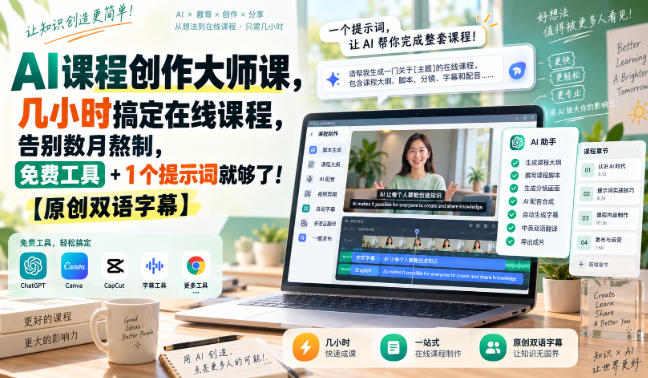 AI课程创作大师课，几小时搞定在线课程，告别数月熬制，免费工具+1个提示词就够了！【原创双语字幕】-离锋创库
