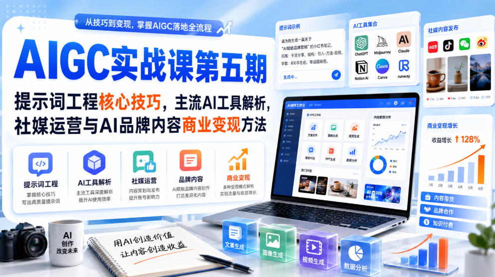刺猬星球·AIGC实战课第五期，提示词工程核心技巧，主流AI工具解析，社媒运营与AI品牌内容商业变现方法-离锋创库