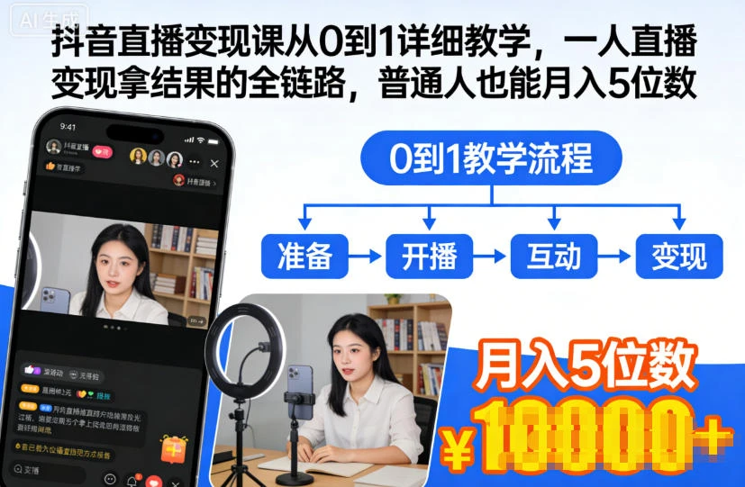 【精】抖音直播变现课从0到1详细教学，一人直播变现拿结果的全链路，普通人也能月入5位数-离锋创库