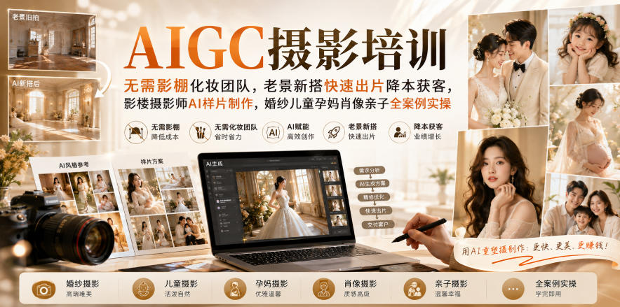 AIGC摄影培训|无需影棚化妆团队,老景新搭快速出片降本获客,影楼摄影师AI样片制作,婚纱儿童孕妈肖像亲子全案例实操-离锋创库