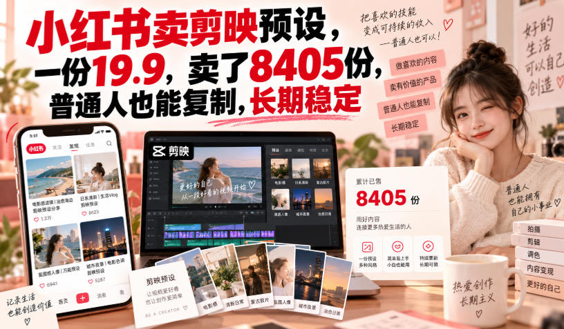 小红书卖剪映预设，一份19.9，卖了8405份，普通人也能复制，长期稳定-离锋创库